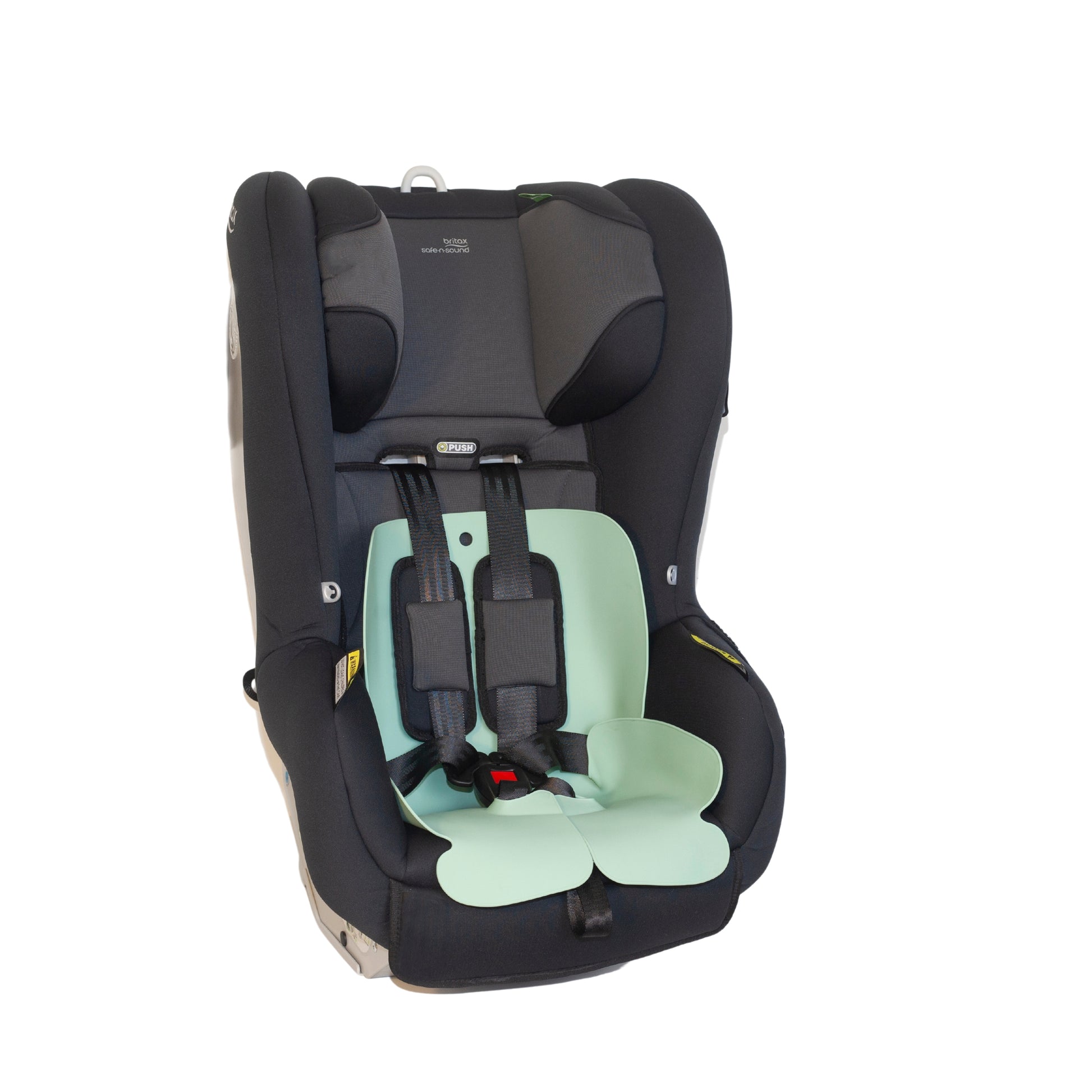 Sande Kids™ Waterproof Car Seat and Pram Liner in Seafoam Green. Shown in a children's forward-facing harnessed car seat.